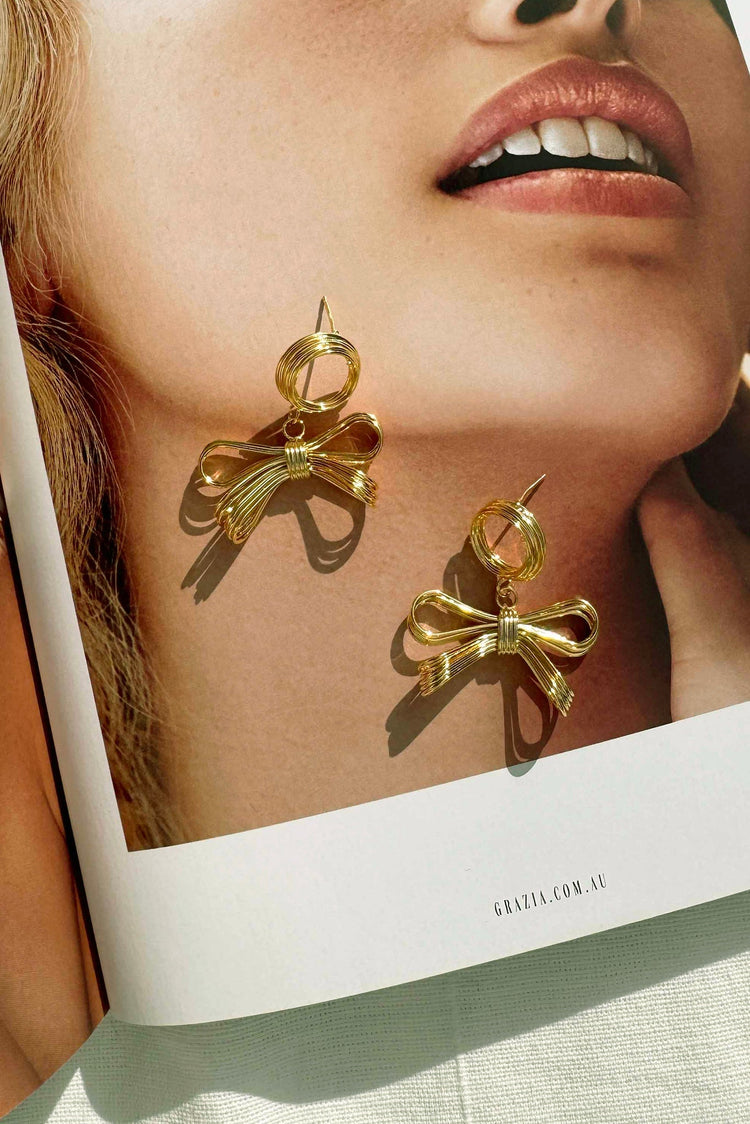 Lustre Bow Drop Earrings - Gold for women