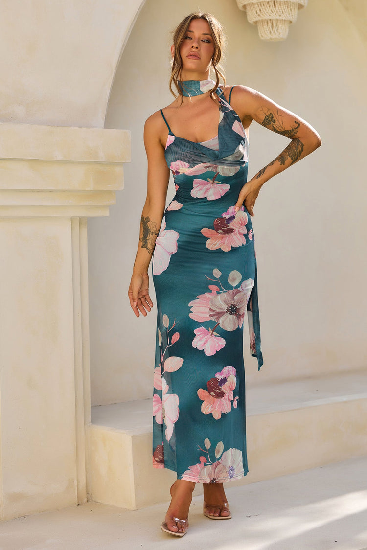 Midnight Bloom Mesh Maxi Dress - Green Multi for women