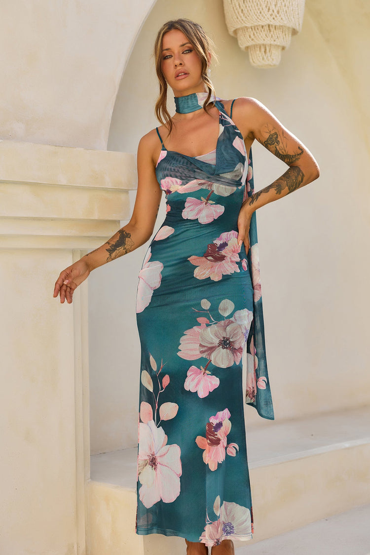 Midnight Bloom Mesh Maxi Dress - Green Multi for women