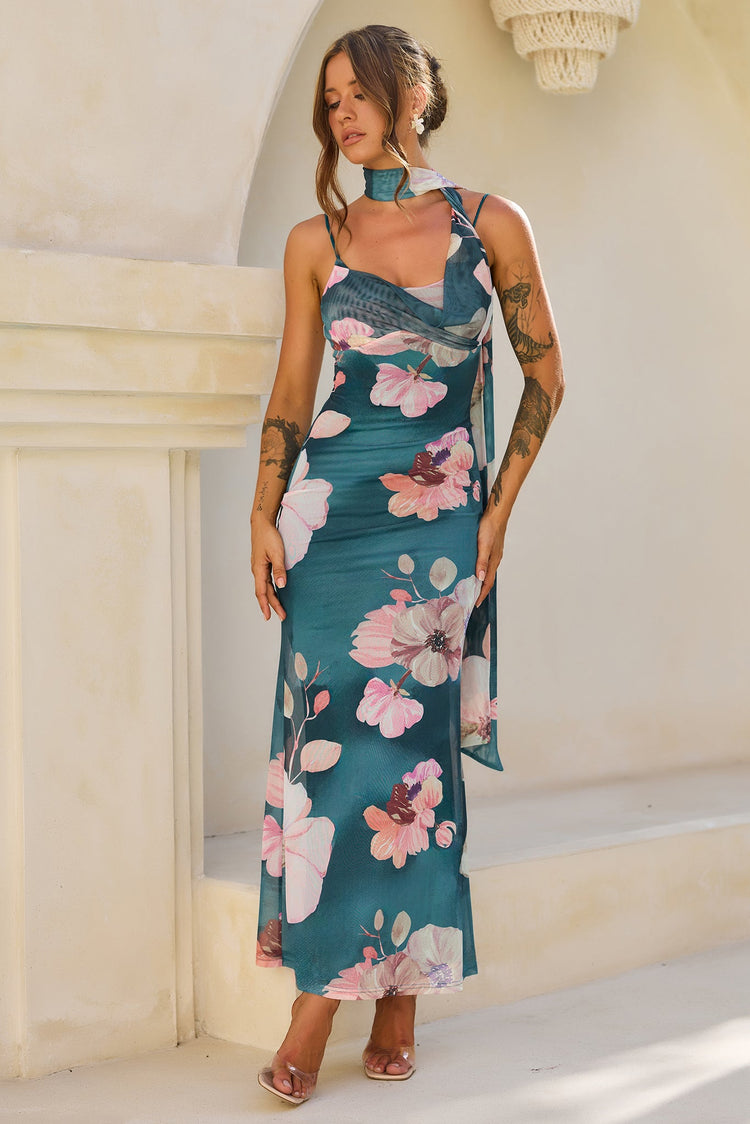 Midnight Bloom Mesh Maxi Dress - Green Multi for women
