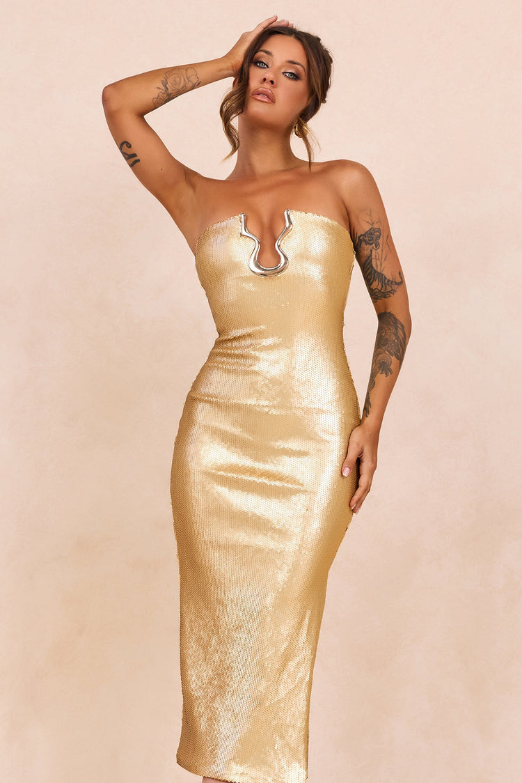 Midnight Siren Sequin Midi Dress - Gold for women