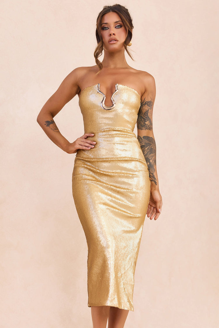 Midnight Siren Sequin Midi Dress - Gold for women