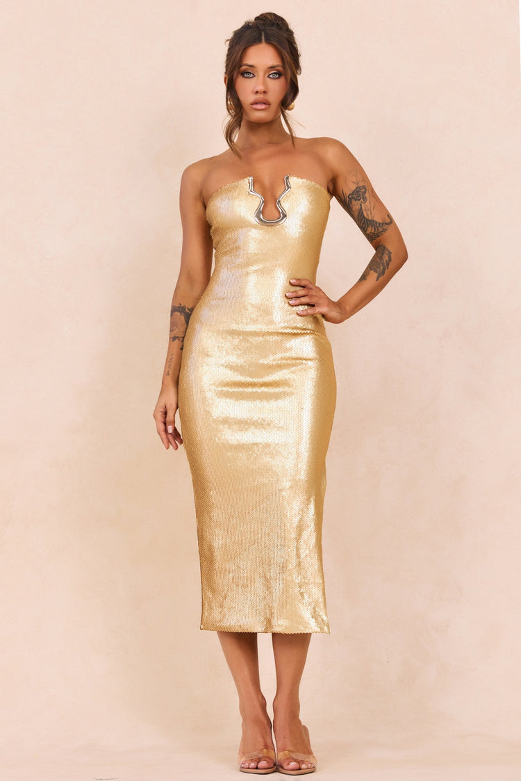 Midnight Siren Sequin Midi Dress - Gold for women
