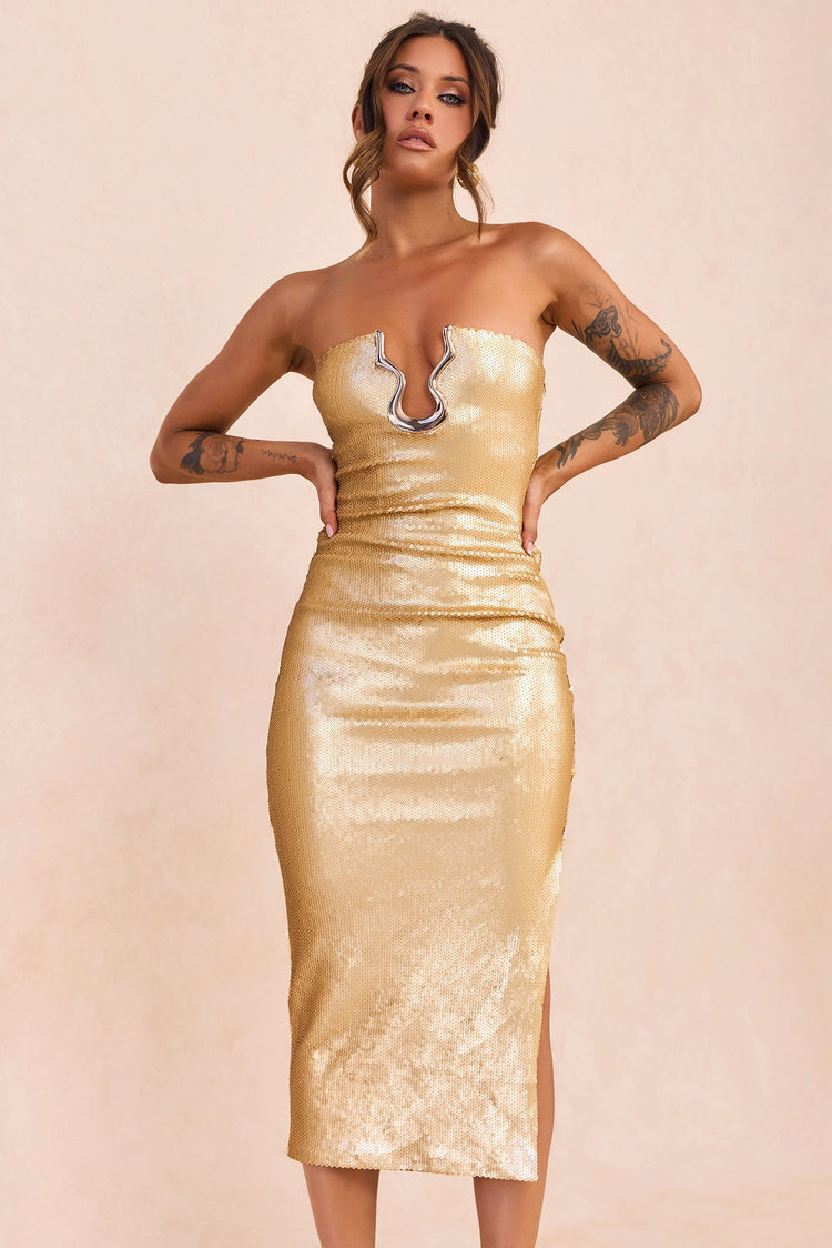 Midnight Siren Sequin Midi Dress - Gold for women