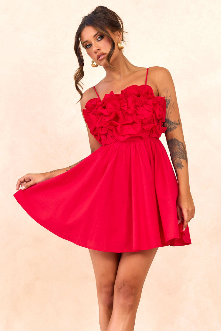 Petal Whirl Cotton Mini Dress - Red for women
