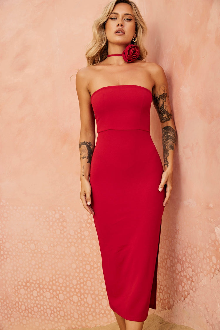 Rosa Raed Petite Rosa Red Midi Dress with 3D Roses | Sage + Paije – Mermaid Off Duty