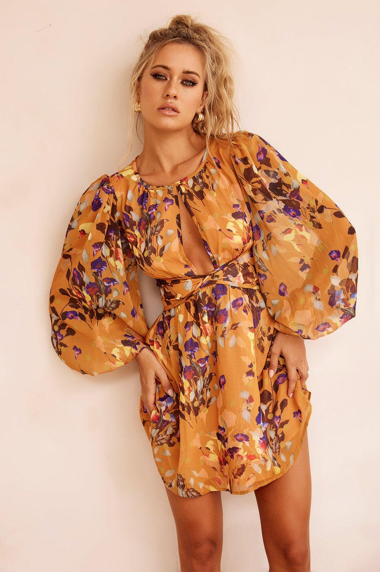 Pulling You In Mini Dress - Mustard Multi for women