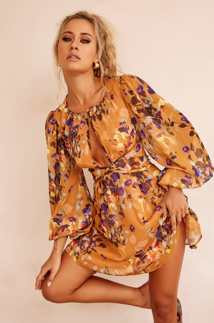 Pulling You In Mini Dress - Mustard Multi for women