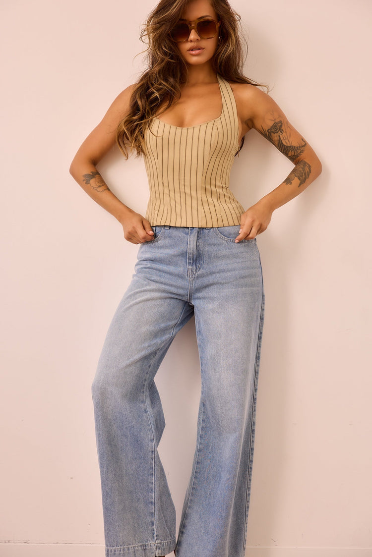 Retro Fade Wide Denim Jeans - Washed Blue for women