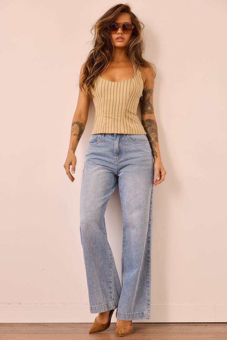 Retro Fade Wide Denim Jeans - Washed Blue for women