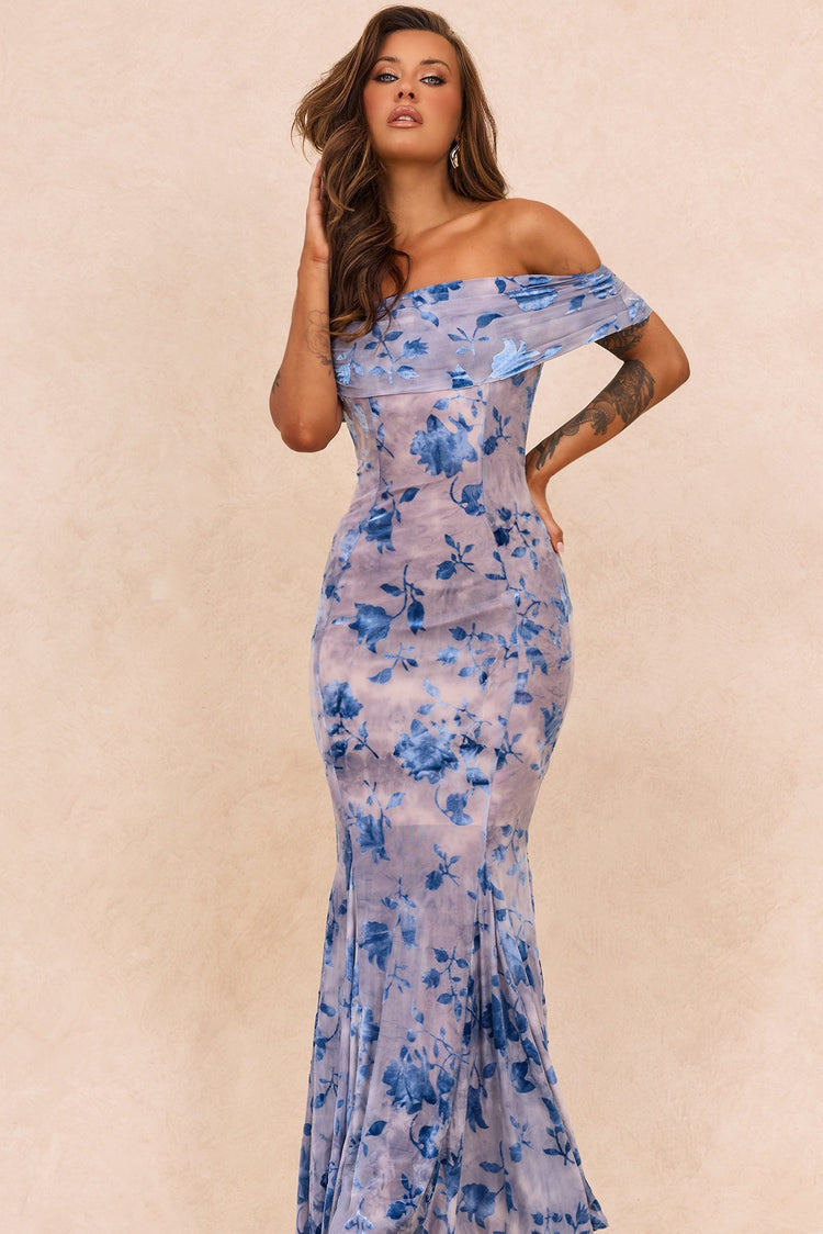 Serina Flocked Mesh Maxi Dress - Blue for women