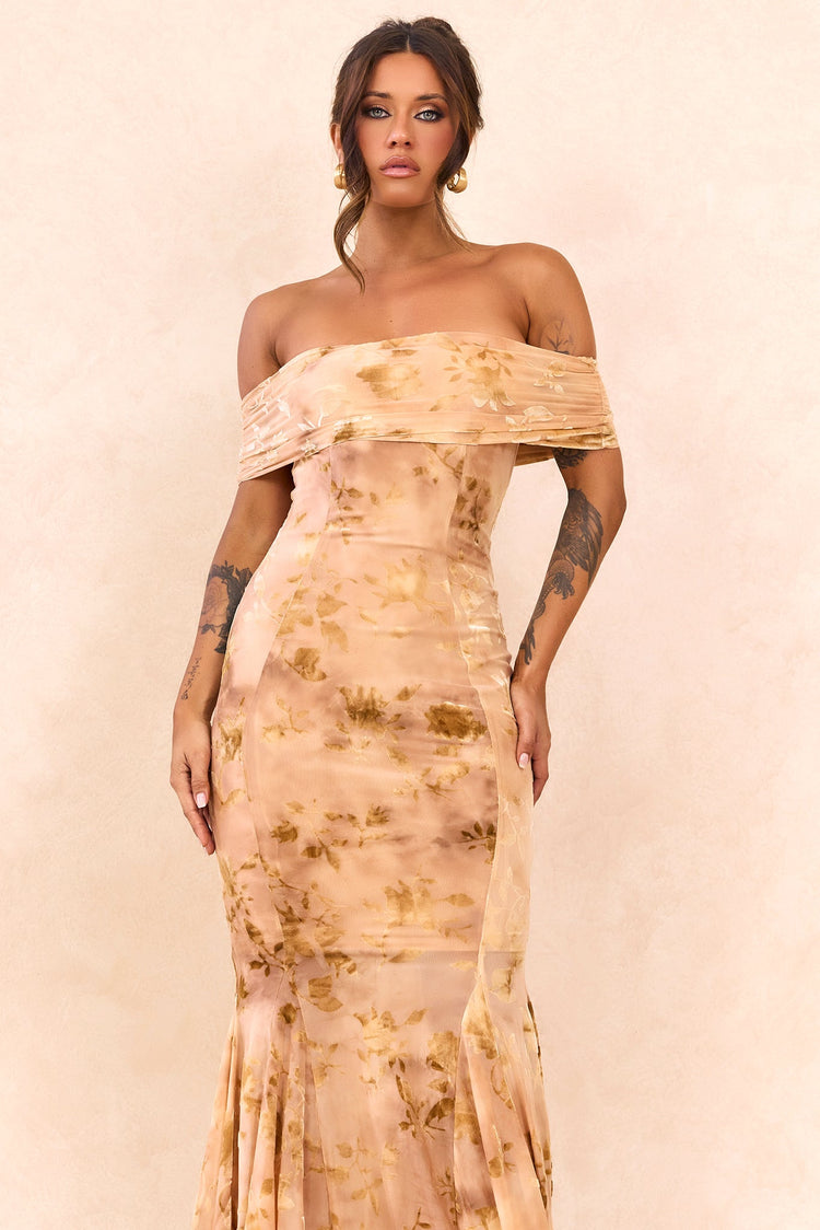 Serina Flocked Mesh Maxi Dress - Nude for women