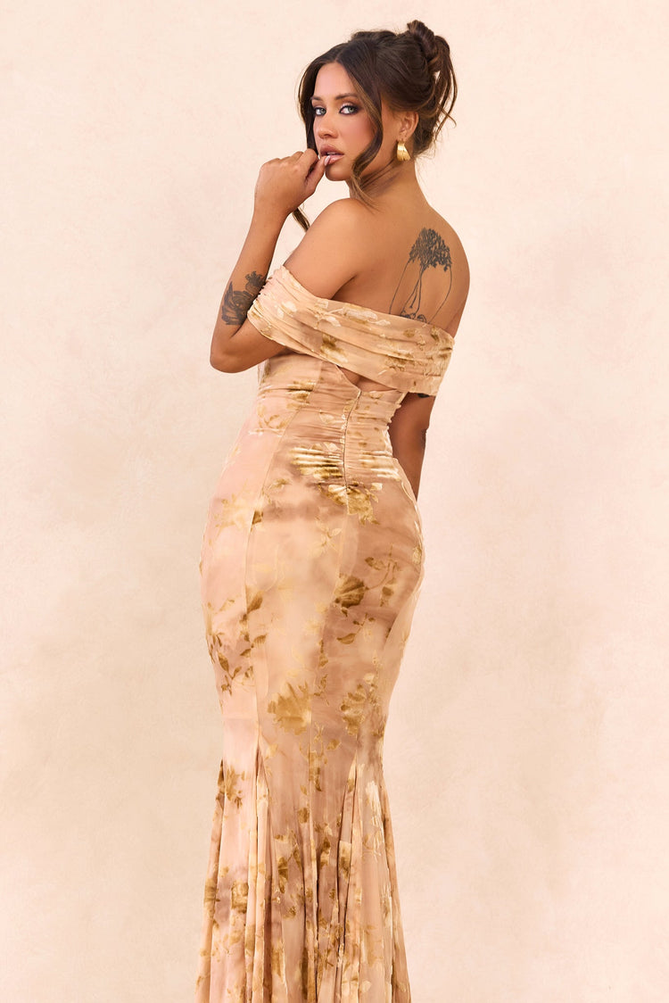 Serina Flocked Mesh Maxi Dress - Nude for women