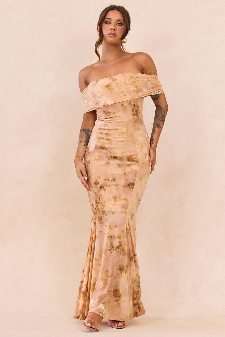 Serina Flocked Mesh Maxi Dress - Nude for women