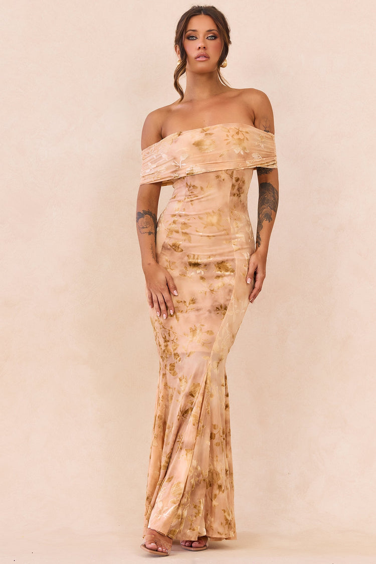 Serina Flocked Mesh Maxi Dress - Nude for women