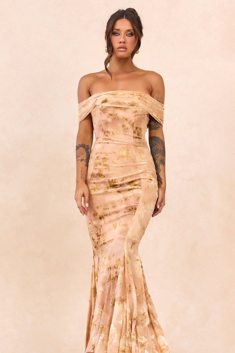 Serina Flocked Mesh Maxi Dress - Nude for women