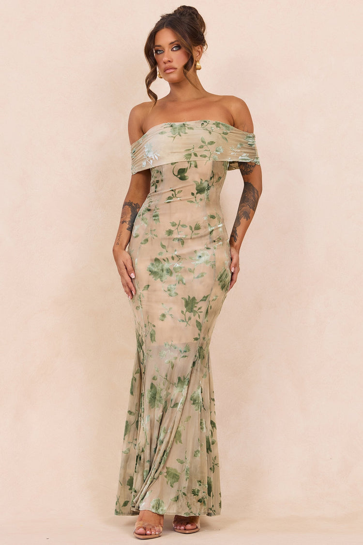 Serina Flocked Mesh Maxi Dress - Olive for women