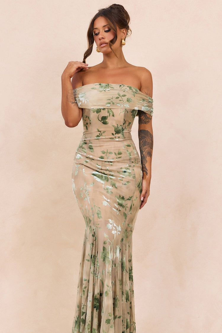 Serina Flocked Mesh Maxi Dress - Olive for women