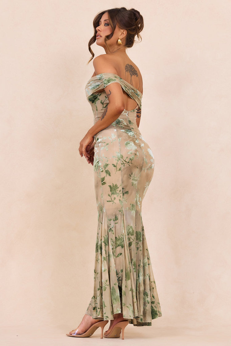 Serina Flocked Mesh Maxi Dress - Olive for women