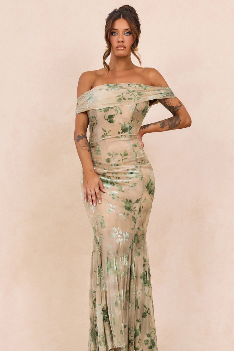 Serina Flocked Mesh Maxi Dress - Olive for women
