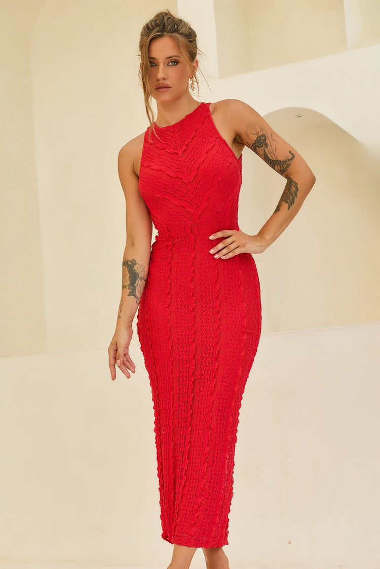 She's The Flame Lace Midi Dress - Red for women