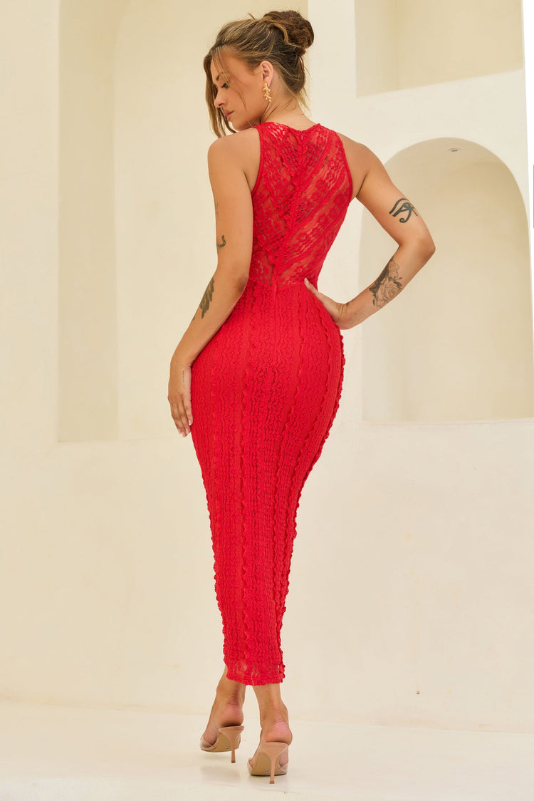 She's The Flame Lace Midi Dress - Red for women
