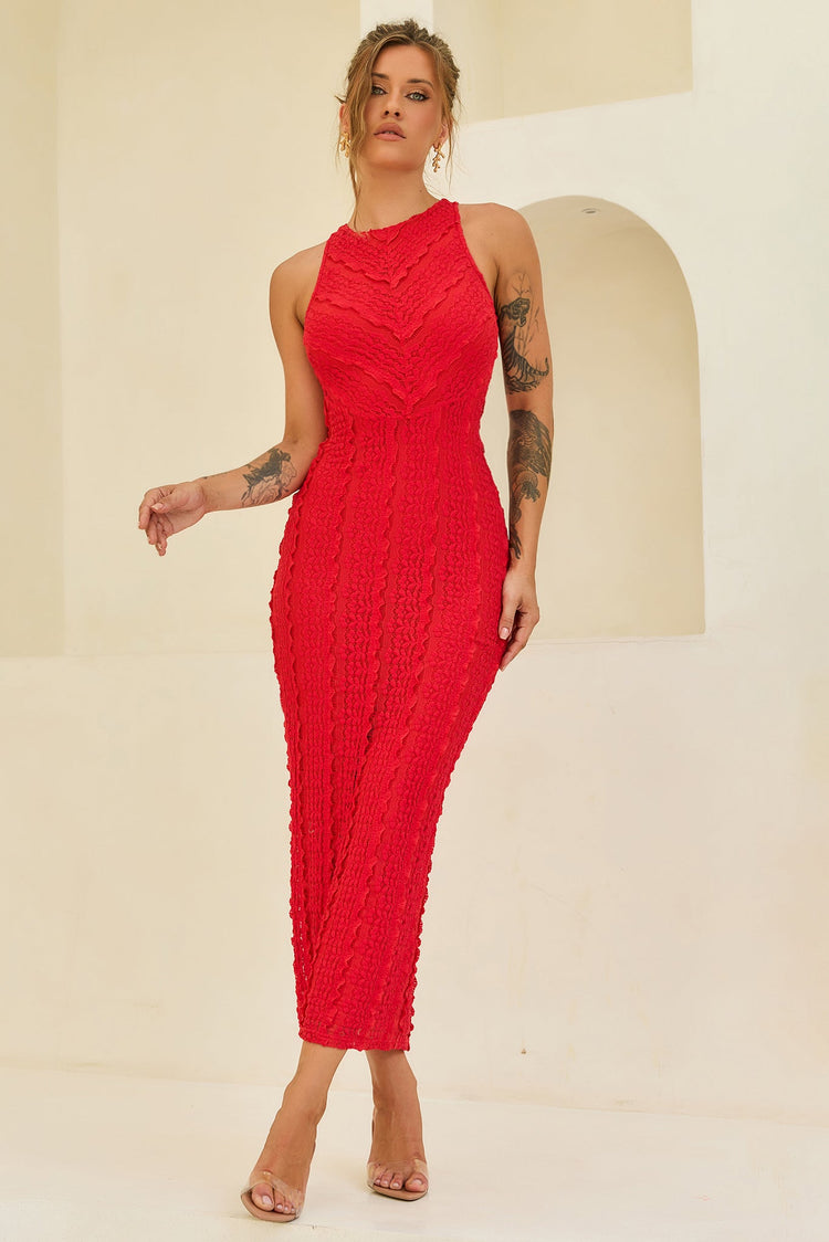 She's The Flame Lace Midi Dress - Red for women