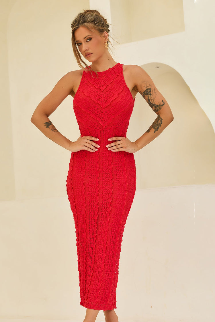 She's The Flame Lace Midi Dress - Red for women