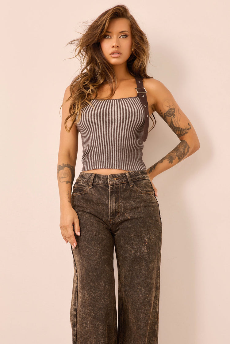 Strapline Knit Crop Top - Chocolate for women