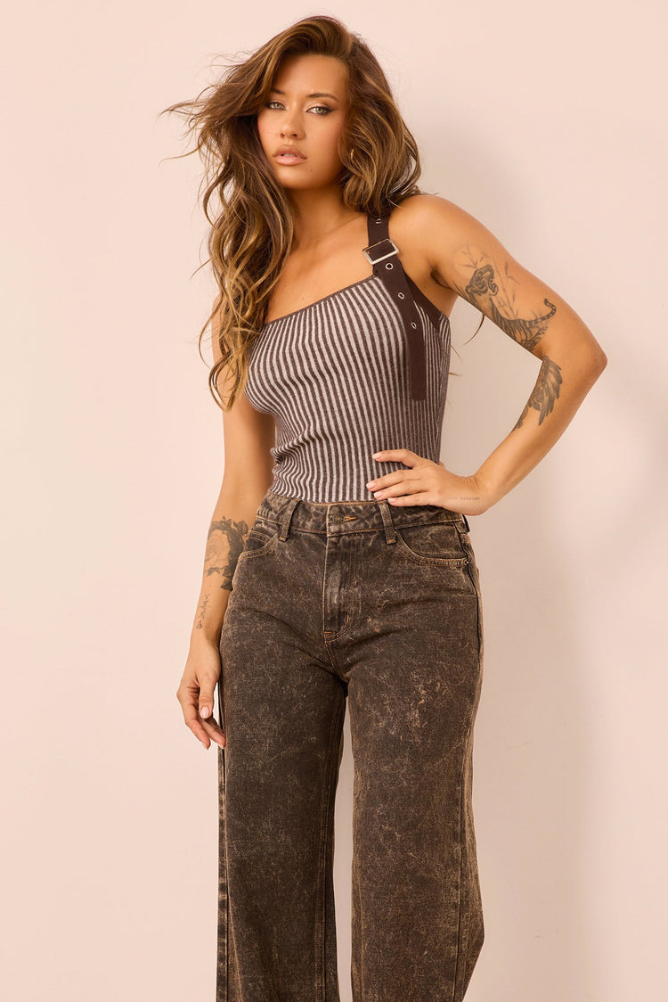 Strapline Knit Crop Top - Chocolate for women