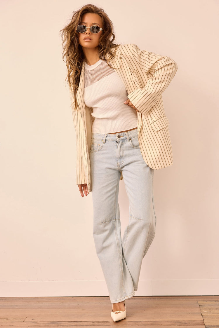 Strut With Style Woven Blazer - Cream Stripe for women
