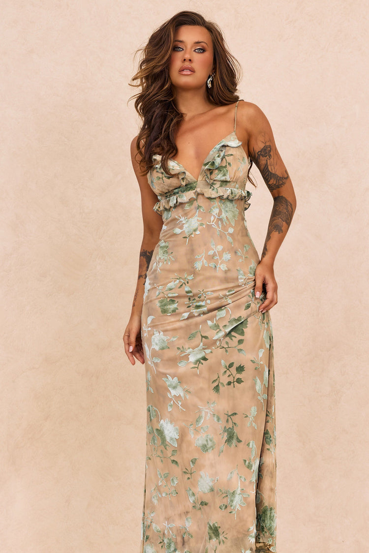 Whispering Garden Flocked Mesh Maxi Dress - Olive for women