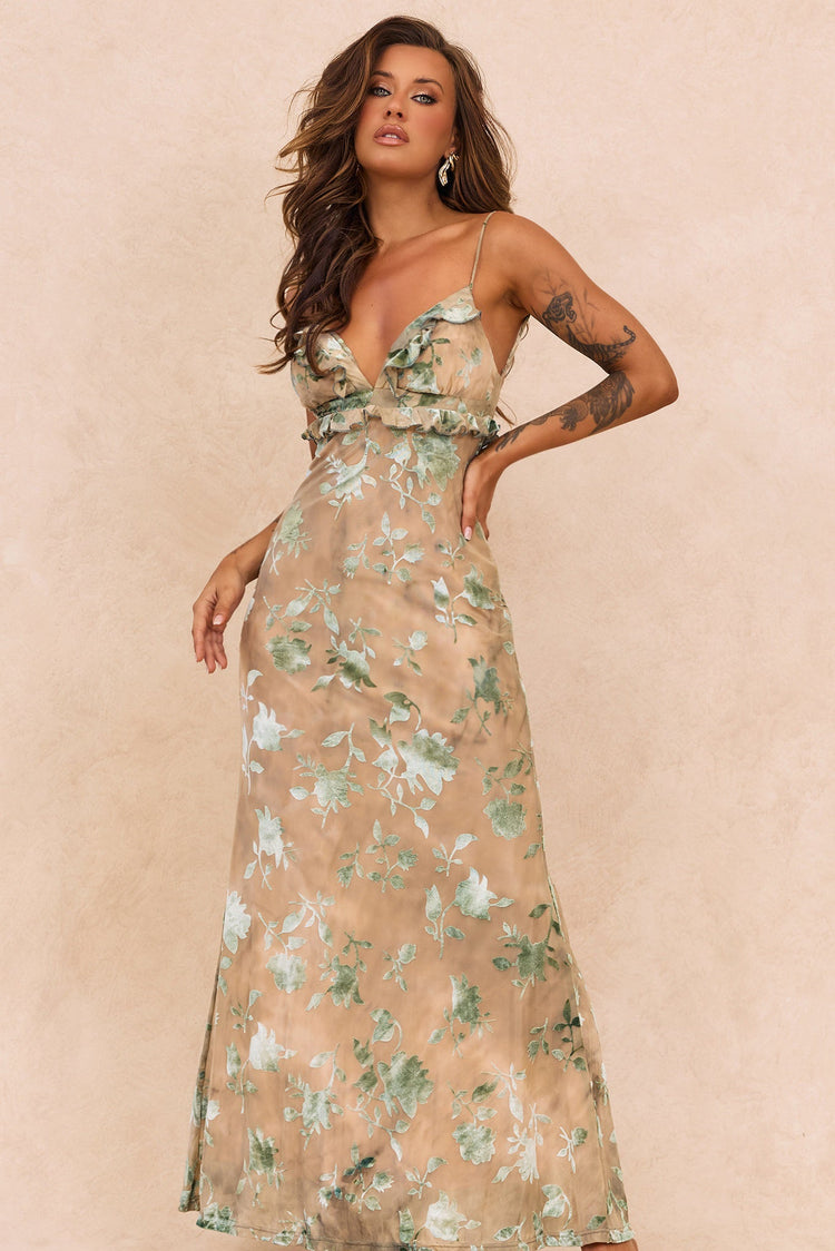 Whispering Garden Flocked Mesh Maxi Dress - Olive for women