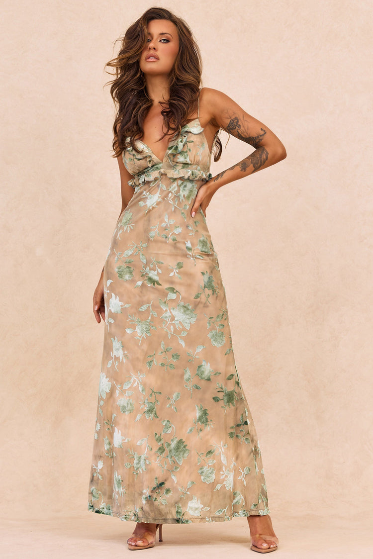 Whispering Garden Flocked Mesh Maxi Dress - Olive for women