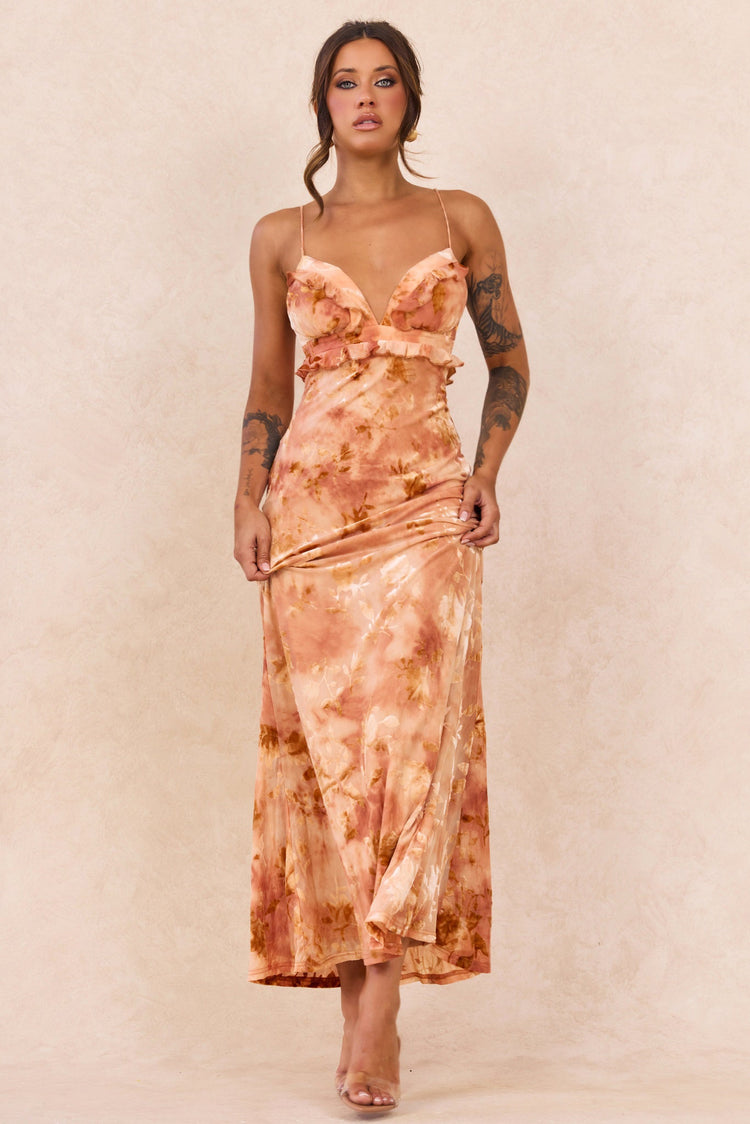 Whispering Garden Flocked Mesh Maxi Dress - Orange for women