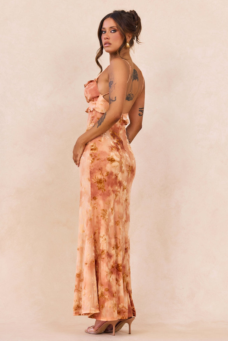 Whispering Garden Flocked Mesh Maxi Dress - Orange for women