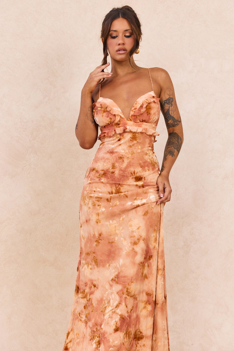 Whispering Garden Flocked Mesh Maxi Dress - Orange for women