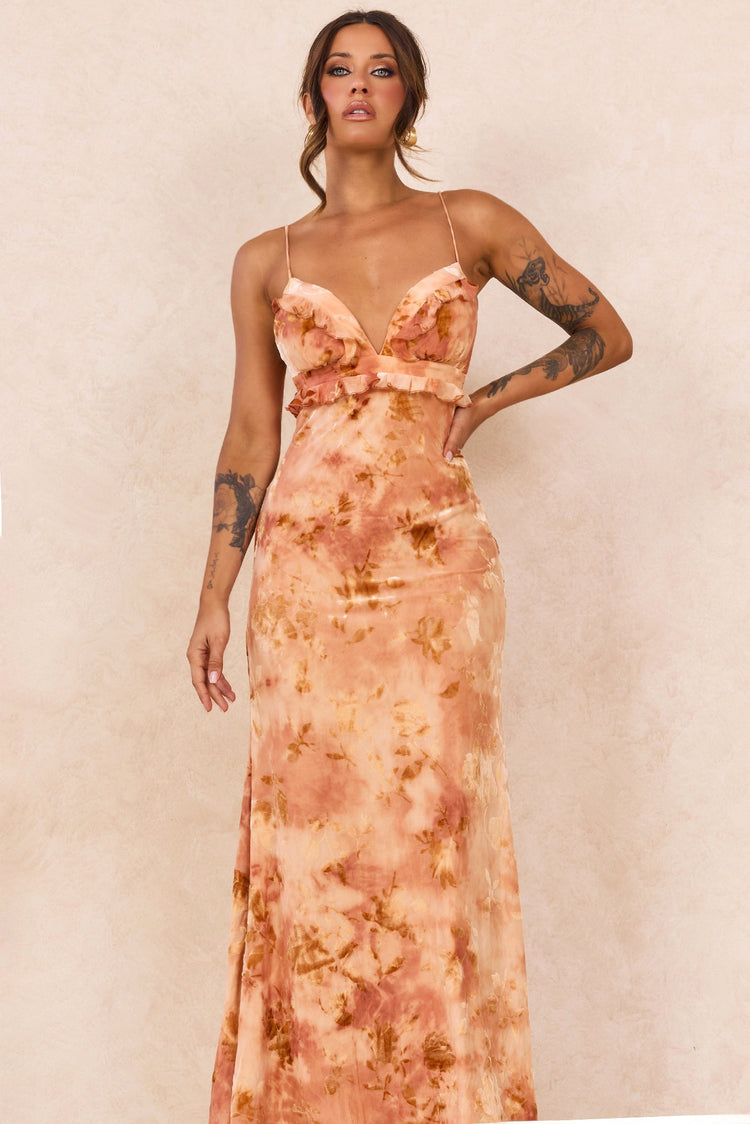 Whispering Garden Flocked Mesh Maxi Dress - Orange for women